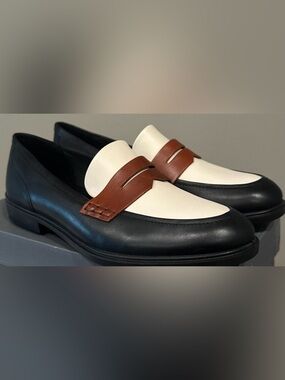 Ecco Women's Black, Cream & Brown Leather Penny Loafers
